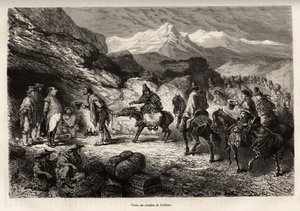 P.Marcoy finner en venn, som ble en åndsoberst og post i en hule nær innsjøen Cailloma, sammen får de besøk av byens bemerkelsesverdige personer, etset etter en tegning av E.Riou, som illustrerer reisen i fjellene , Huarancalqui v av Edouard Riou