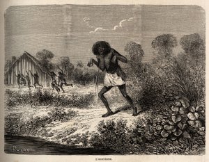Panikk blant Conibos-indianerne, som flyktet ved ankomsten av Paul Marcoys ekspedisjon nær Tumbaya (Peru), som selv ble offer for en ond besvergelse av en gammel indianer, tegnet av Riou for å illustrere reisen, fra 1848 til 1860, av P Marcoy, fra th av Edouard Riou