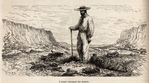 Paul Marcoy exhumant des mummies Incas (Bas Peru), gravering av E.Riou som illustrerer reisen i fjellene, Huarancalqui-dalen og regionene i Pjonal, fra 1862 til 1863, av Paul Marcoy, publisert i "Le tour du monde" ” 1875, redigert av Edou av Edouard Riou