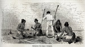 Paul Marcoy lærte å lage et teppe med enkene i Sarayacu (Peru), tegning av Riou, for å illustrere Paul Marcoys reise fra Stillehavet til Atlanterhavet fra 1848 til 1860. Gravering i “” Le tour du monde””, redigert av Edouard Charton av Edouard Riou