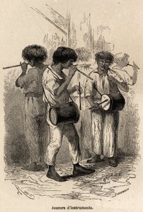 Spillere av musikkinstrumenter i Sarayacu (Peru), tegning av Riou, for å illustrere Paul Marcoys reise fra Stillehavet til Atlanterhavet fra 1848 til 1860. Gravering i “” Le tour du monde””, redigert av Edouard Charton av Edouard Riou