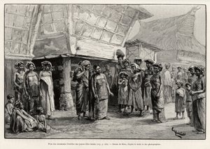 Spiller ørepynt til Batak-jenter, etnisk gruppe i Nord-Sumatra. Gravering av Riou for å illustrere historien "et år i Malaysia", av Jules Claine (1856-1939) av Edouard Riou