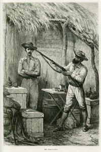 Portrett av forfatteren Victor Giraud, en skipsfenrik og hans reisende, Montagu Kerr, en jeger. Gravering av Riou, for å illustrere historien Les lacs de l