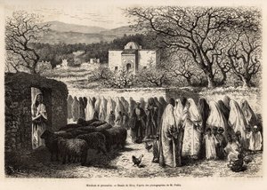 Prosesjon til Marabout de Tlemcen (grav med en kuppel av en mann fra islam), gravert etter en tegning av E.Riou, som illustrerer reisen til Tlemcen (Algeria), av E. de Lorral, i 1875, publisert i "" Le tour du monde””” 1875, redigert av Edouard C av Edouard Riou