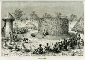 Mottak hos Mkwewe, stammesjef, med fortelleren. Gravering av Riou for å illustrere historien Les lacs de l