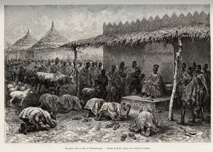 Mottak på naba Sanem, fra Mossi-riket (eller Mosse) i Waghadougou (Ouagadougou, Burkina Faso). Gravering av Riou, for å illustrere historien "" Fra Niger til Guineebukta"" av kaptein Louis Gustave Binger (1856-1936), i 1887-1889, i Le tou av Edouard Riou