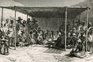 Signering av traktaten som plasserte landet Kita (tidligere fransk Sudan, dagens Mali) under protektoratet til Frankrike 25. april 1880 mellom kommandør Joseph Gallieni (1849-1916) og Tokontan Keita. Gravering av Riou, basert på en skisse av au av Edouard Riou