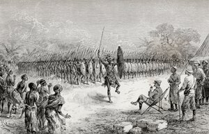 Sir Henry Morton Stanley ser på en falanksdans av Mazambonis krigere ved Usiri, 1890 (tregravering) av Edouard Riou