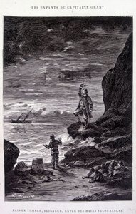 Ta ham ned, Herre, i motløse hender! i "Les Enfants du Capitaine Grant"" av Jules Verne av Edouard Riou