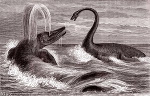 Ichtyosaurus og Plesiosaurus av Edouard Riou