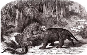 Iguanodon og Megalosaurus av Edouard Riou
