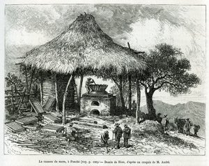 The Sugar Baking Oven, i Panche (Colombia), tegning av Riou, for å illustrere historien om Equinoxiale America (Colombia, Ecuador, Peru), i 1875-1876, av Ed. andre, reiseoppdrag fra den franske regjeringen. Gravering i Le tour du monde av Edouard Riou