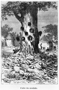 The Tree of Cannibals, illustrasjon fra "Fem uker i en ballong" av Jules Verne (1828-1905) Paris, Hetzel av Edouard Riou
