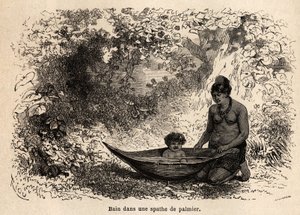 Badet til barnet i et palmeblad. Tegning av Riou, for å illustrere seilasen fra Stillehavet til Atlanterhavet av Edouard Riou