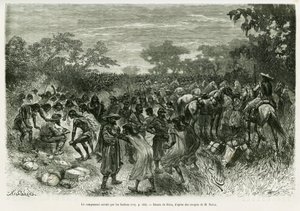 Leiren invadert av indianerne. Gravering av Riou, for å illustrere historien Voyage dans le Chaco Boreal av Edouard Riou
