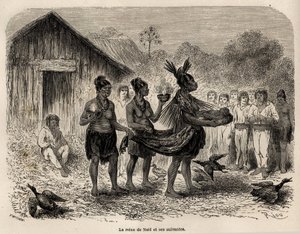 Feiringen av julefesten i Sarayacu (Peru), bærer juledronningen Jesusbarnet i en kurv, og akkompagnert av to som følger, presenterer hun barnet for alle husene i landsbyen, tegnet av Riou, for å illustrere Paul Marcoys jour av Edouard Riou