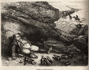 Andens oberst og hans aide-de-camp, fulle etter den lille festen gitt av bemerkelsesverdige i Cailloma, gjemmer seg bak steinene, fortelleren og reisefølget hans, i bakgrunnen vender troppen av bemerkelsesverdige hjem, gravering av E.Riou ill av Edouard Riou