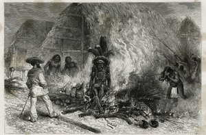 Kremeringen av en Roucouyenne (eller wayana), stamme som bor langs elvene Mana og Maroni, vendt mot Bucher, Dr. Crevaux, gravering av Riou, for å illustrere utforskningsreisen i det indre av Guyana av Dr. Jules Crevaux, lege ved den franske marinen, av Edouard Riou