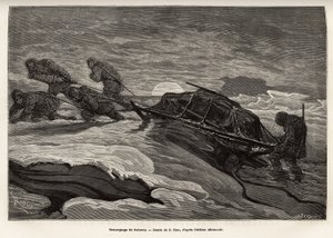 Mannskapet på skipet La Germania, som gikk ned på isen for en jaktlek, fortsatte med å taue sleden sin på isen mens solen går ned, gravering etter tegningen av E.Riou, som illustrerer en reise til Nordpolen i 1869- 1870 av kapteinen på skipet La av Edouard Riou