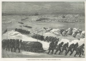 Avgangen til Alert-sledene, skipet til polarekspedisjonen, tegnet av Riou, for å illustrere historien om en reise til polarhavet i 1875-1876, av kaptein G.S.Nares. Gravering i Le tour du monde av Edouard Riou