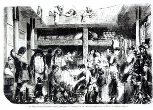 Kvelden før avreise til Amerika - Tyske emigranter drar til USA i styreseksjonen til en amerikansk rutebåt ved havnen i Le Havre, ca. 1850 av Edouard Riou
