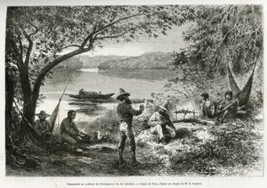 Oppdagelsesleiren, ved sammenløpet av Orenoque og Cabullero-elven. Gravering av Riou, for å illustrere utforskningsreisen gjennom New Granada og Venezuela, av Doctor Crevaux, førsteklasses lege ved marinen og E.Lejeanne, marine pharma av Edouard Riou