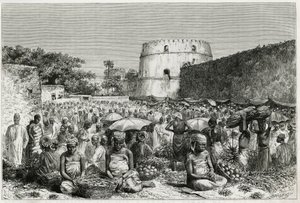 Fruktmarkedet på Zanzibar (Tanzania). Gravering av Riou, for å illustrere historien "" Reisen til Benadir, Omalis og Bayoun"", i 1882-1883, av M.G.Revoil. Publisert i Le Tour du monde, nouveau journal des voyages av Edouard Riou