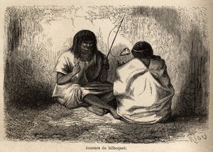 Spillet bilboquet, med et skilpaddehode, blant Conibos-indianerne i Peru, tegning av Riou for å illustrere reisen, fra 1848 til 1860, til P. Marcoy, fra Stillehavet til Atlanterhavet. Gravering i "" Le tour du monde"", redigert av Edoua av Edouard Riou