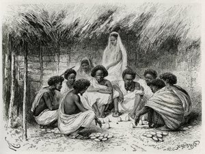 Spillet med koppen, eller fluespillet, foran hver spiller sin innsats, her en eggplante i sanden, så venter alle i stillhet på at en flue skal lande på et egg og trekker vinneren som vinner alle innsatser, på somali (eller somali). Gravering av Riou, for å av Edouard Riou