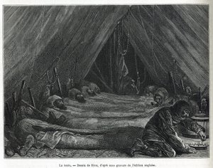 Det indre av teltet på isflaket, tegning av Riou, for å illustrere historien om en reise til polarhavet i 1875-1876, av kaptein G.SNares (1831-1915). Gravering i Le tour du monde av Edouard Riou