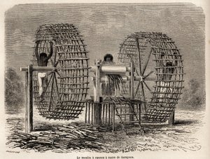 Kvernen for å male sukkerrør fra Sarayacu (Peru), tegning av Riou, for å illustrere Paul Marcoys reise fra Stillehavet til Atlanterhavet fra 1848 til 1860. Gravering i “” Le tour du monde””, redigert av Edouard Charton av Edouard Riou