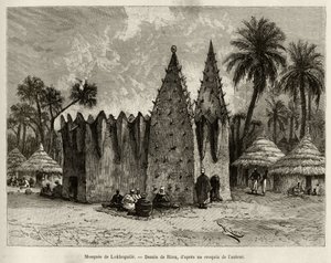 Moskeen i Lokhognile (Guineabukta). Gravering av Riou, for å illustrere historien "" Fra Niger til Guineebukta"" av kaptein Louis Gustave Binger (1856-1936), i 1887-1889, i Le tour du monde, nouveau journal des voyages, under ledelse av av Edouard Riou