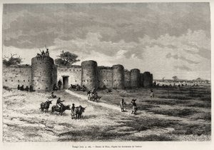 Byen Tiong-Gi (Tiong Gi, Mali), med sine festningsverk og leirtårn. Gravering av Riou, for å illustrere historien "" Fra Niger til Guineebukta"" av kaptein Louis Gustave Binger (1856-1936), i 1887-1889, i Le tour du monde, nouveau journal av Edouard Riou