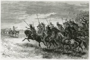 Tobas-indianere (fra Chaco-regionen, mellom Paraguay og Bolivia) nekter å gå over til kolonnen til Thouar-ekspedisjonen. Gravering av Riou, for å illustrere historien "" På leting etter restene av Crevaux-oppdraget", i 1884, av A.Thouar (1853- disapp) av Edouard Riou