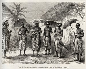 Tone type med deres paraply. Gravering av Riou, for å illustrere historien "" Fra Niger til Guineebukta"" av kaptein Louis Gustave Binger (1856-1936), i 1887-1889, i Le tour du monde, nouveau journal des voyages, under ledelse av Edouard Char av Edouard Riou