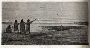 Skilpaddejakt, blant de indiske koniboene i Peru, tegning av Riou for å illustrere reisen, fra 1848 til 1860, til P. Marcoy, fra Stillehavet til Atlanterhavet. Gravering i "" Le tour du monde"", redigert av Edouard Charton av Edouard Riou