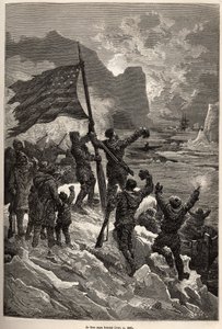 Tysons mannskap, etter flere dagers drift på et isfjell, så endelig en hvalfanger og viftet med det amerikanske flagget for å bli sett og reddet, gravert etter en tegning av E.Riou, som illustrerer historien om Polaris, isflåten, av løytnant Tyson, i 1870- av Edouard Riou