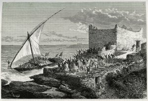 Med møkk fra reisende som kommer inn i havnen i Moguedouchou (Mogadishu), lager sjømenn en enorm racket for å tiltrekke seg folk som ønsker dem velkommen med rop av entusiasme. Gravering av Riou, for å illustrere historien "" Voyage chez les Benadir, les s av Edouard Riou