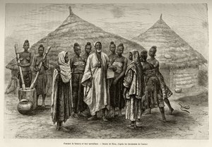 Women of Samory Toure (ca. 1835-1898) krigssjef for Niger-sløyfen og deres veileder, Sonninke, som kan lese og skrive arabisk, noe papiret han holder i hånden viser. Gravering av Riou, for å illustrere historien "" Fra Niger til Gulfen av Edouard Riou
