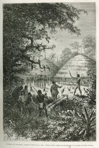 Yacouman, Roucouyenne-høvding, stammen av Guiana ved bredden av Oyapock, jager djevelen, han går gjennom landsbyen etter fødselen av et barn, drysser en melkehvit væske med en fjærbørste, graverer etter en tegning av Riou, for å illustrere de av Edouard Riou