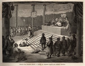 En kinesisk domstol, den siktede dukker opp ved retten omgitt av en gendarme som holder ham lenket og slakteren hans, tegning av Vaumort (? -1886), for å illustrere reisen fra Shanghai til Moskva, fra 1859 til 1862, til M. de Bourboulon. , fransk minister 
