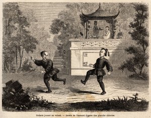 Kinesiske barn som leker ved rattet (skinnkule, tungmetallringer og implanterte 3 lange fjær), under tilsyn av moren, tegning av Vaumort (? -1886), for å illustrere reisen fra Shanghai til Moskva, fra 1859 til 1862, av M. de Bourb