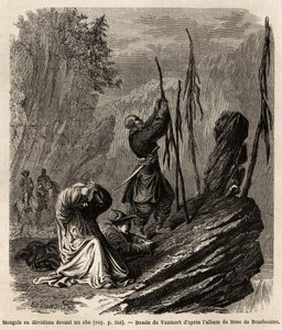 Mongoler i hengivenhet til en obo, nær Bakka- og Mongolia-fjellene, tegning av Vaumort (? -1886) for å illustrere reisen fra Shanghai til Moskva, fra 1859 til 1862, til M. de Bourboulon, fransk minister til Kina. Gravering i "" Le tour du monde&q