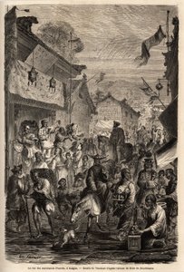 Gaten med kleshandlere, Kalgan, Mongolia. Tegning av Vaumort (? -1886), for å illustrere reisen fra Shanghai til Moskva, fra 1859 til 1862, til M. de Bourboulon, fransk minister til Kina. Gravering i "" Le tour du monde"", redigert av Edouard Chart