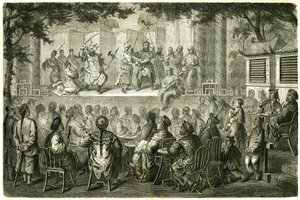 Utsikt over en representasjon av Opera de Pekin (Beijing), Kina, etter reisehistorien til Madame de Bourboulon. Gravering etter en tegning av Vaumort, i "" Le Tour du Monde, Nouveau journal des Voyages", redigert av Edouard Charton, Paris