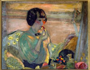 Den franske komikeren Marthe Mellot (1870-1947) iført sminke, 1900-tallet. Paris, Comedy of the Champs Elysees (olje på lerret) av Edouard Vuillard
