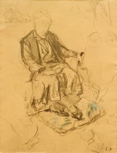 Madame Bénard sitter, føttene hviler på en pute av Edouard Vuillard