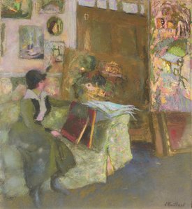 Modell på en grønn sofa; Le modele au divan vert, 1915 av Edouard Vuillard