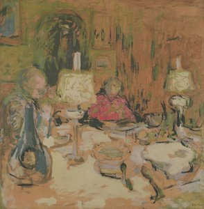 Middagen med to lamper, rue de Calais, 1913 (ditemper på brunt papir) av Edouard Vuillard