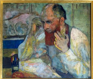 Komikeren Aurelien Lugne Poe (Lugne-Poe) (1869-1940) som lager sminke, Paris fra 1900-tallet, Comedie of the Champs Elysees (olje på lerret) av Edouard Vuillard